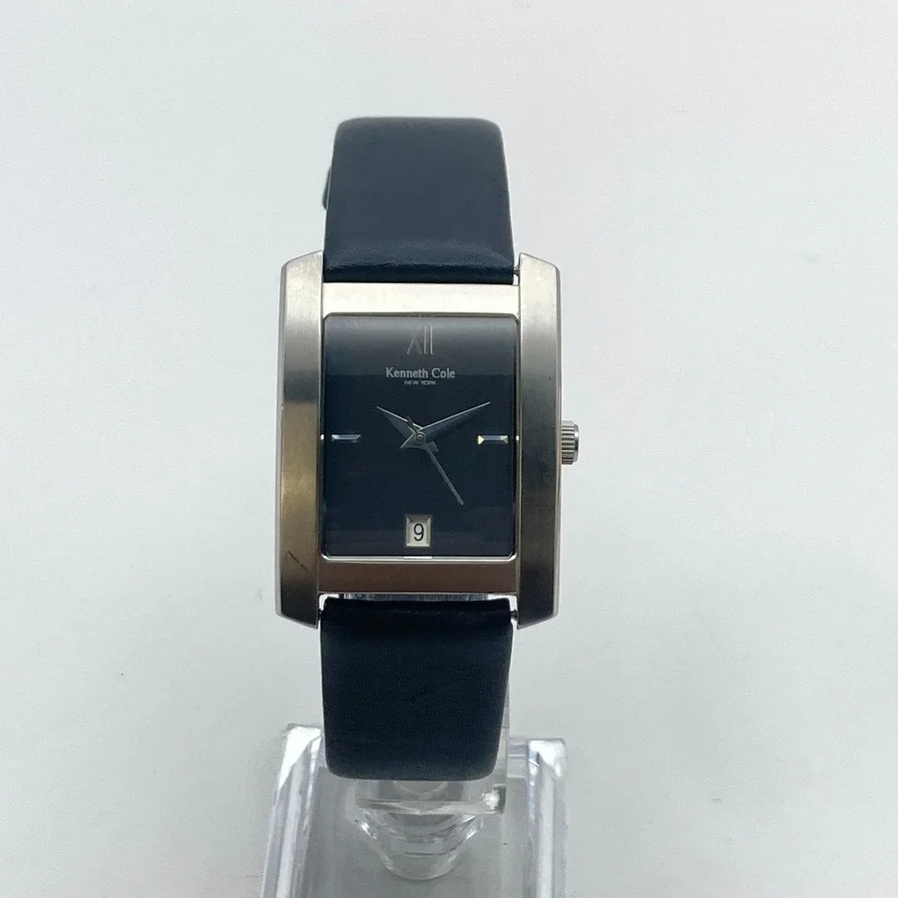 Kenneth Cole Men's Tank Watch 29mm Silver Tone Date Gray Dial New Battery 9.5